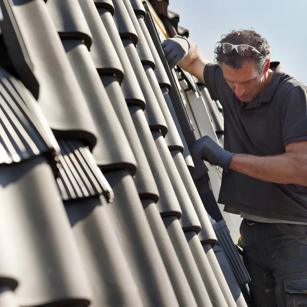 Image of a roofer providing a free estimate to a customer.