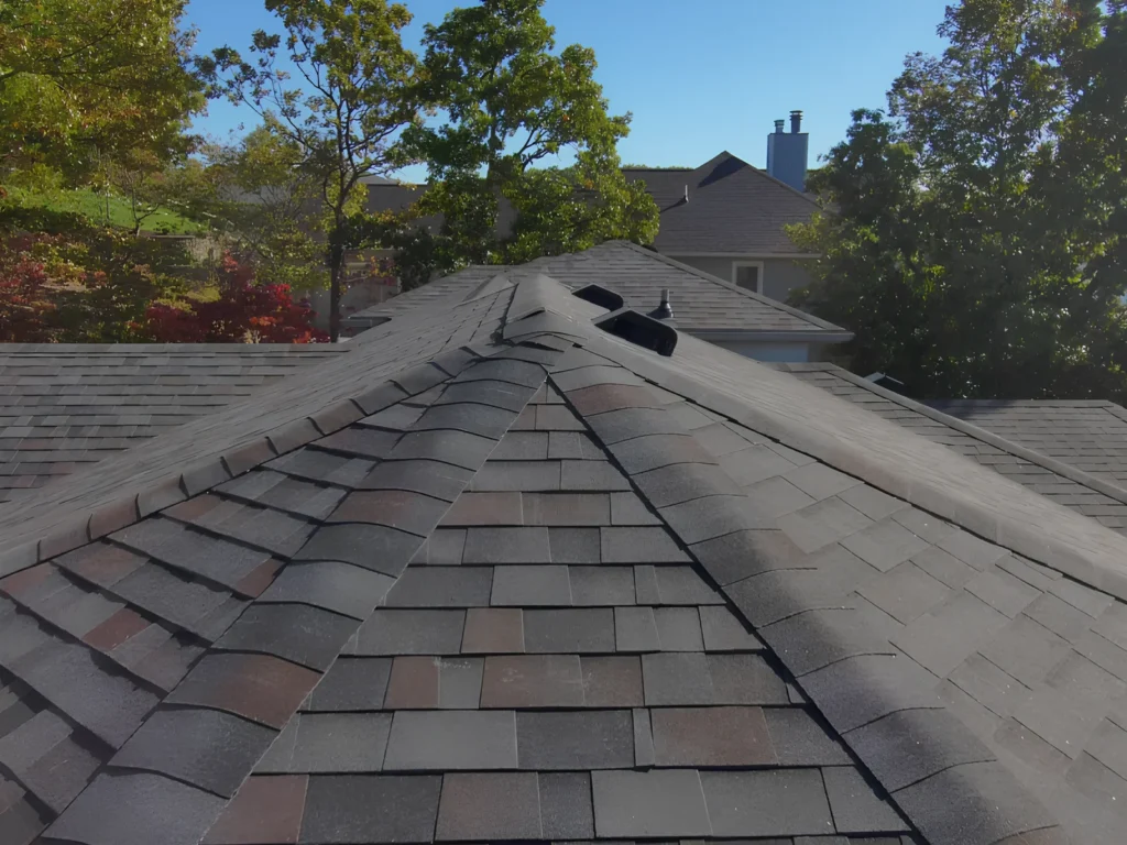 This image is showing a close-up view of dimensional architectural shingles with proper ridge vent installation on a residential roof in Lake of the Ozarks surrounded by autumn foliage.
