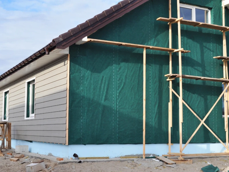 Image of a house getting siding installed.